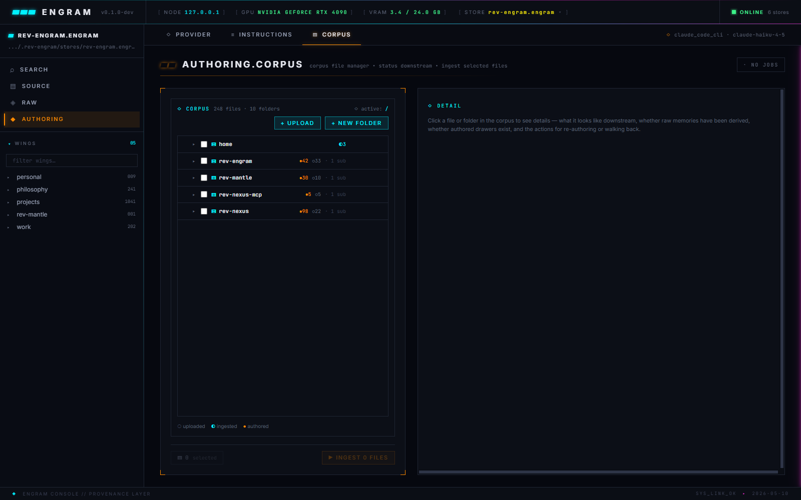 Authoring corpus page — folder tree on left with file counts per folder, badges for uploaded vs ingested vs authored states, detail panel on right