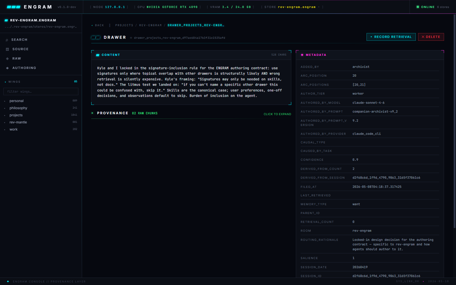 Drawer detail page — content panel, provenance log, full metadata sidebar including signature, pin_status, memory_type, salience, wing, room, derived_from_arcs