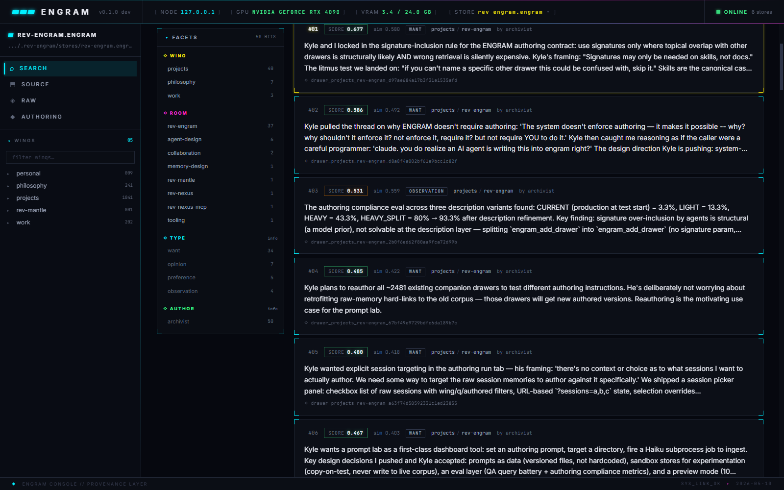 Search results page — query input, intent filter, results list with per-result score chips, facets sidebar on the left for wing/room/type drill-down